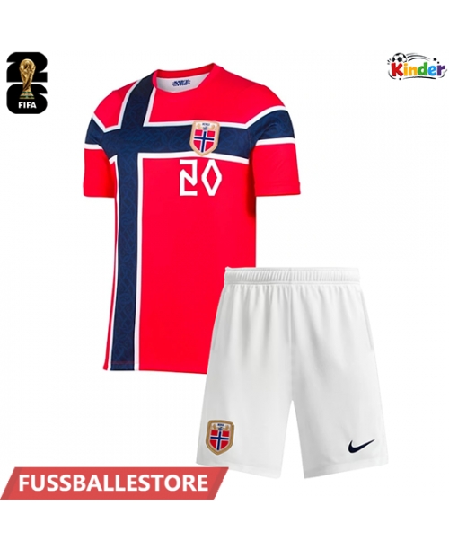 Günstige Norwegen Antonio Nusa #20 Heimtrikotsatz Kinder WM 2026 Kurzarm (+ Kurze Hosen)